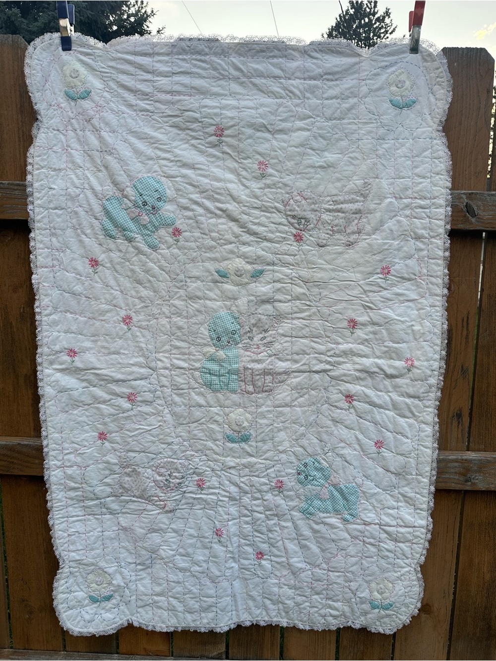 Vintage White and Mint Quilted Baby Blanket
